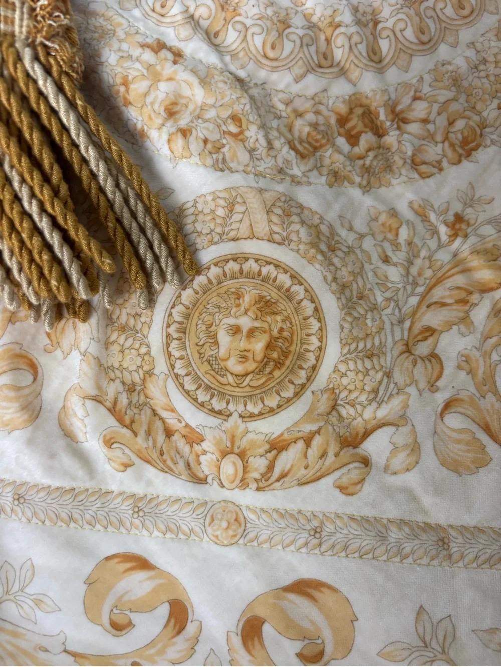 Pair of Versace light green and Gold vintage Damask Window Drapes